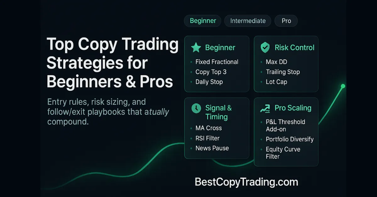 Dark hero banner: “Top Copy Trading Strategies for Beginners & Pros” with a green strategy board showing Beginner, Risk Control, Signal & Timing, and Pro Scaling cards, subtle sparkline, and BestCopyTrading.com centered at the bottom.