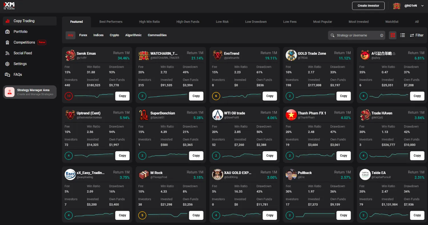 XM Copy Trading leaderboard — top strategy managers with ROI, drawdown, and followers (desktop view)