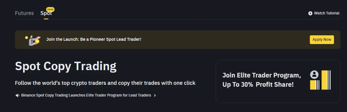 Screenshot of Binance Spot Copy Trading interface showing trader list, ROI, win rate, and copy button.
