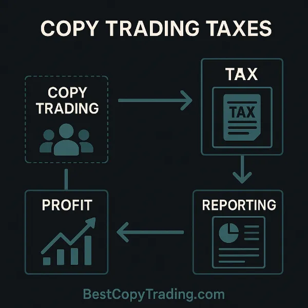 Flowchart showing copy trading profits, taxes, and reporting process – BestCopyTrading.com