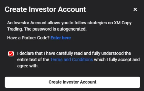Create an Investor Account on XM Copy Trading — Members Area screen