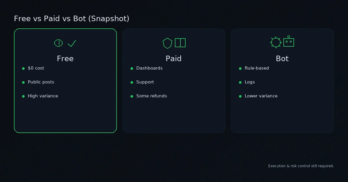 Free vs paid vs bot trading signals snapshot infographic
